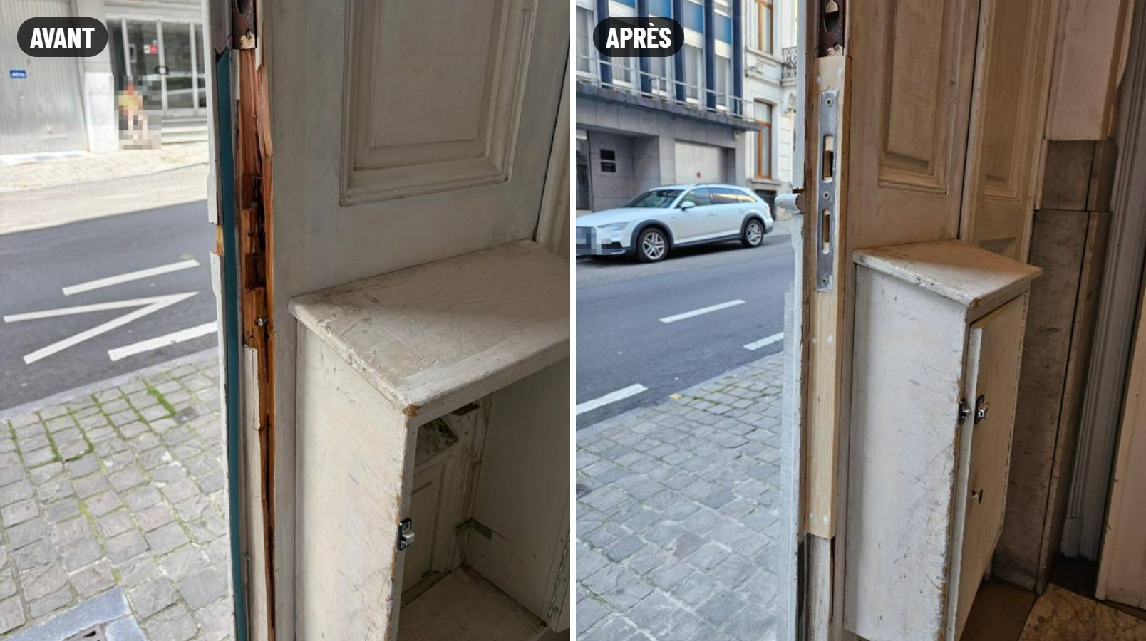 Avant / après : Réparation d'urgence d'une porte après effraction, Bruxelles